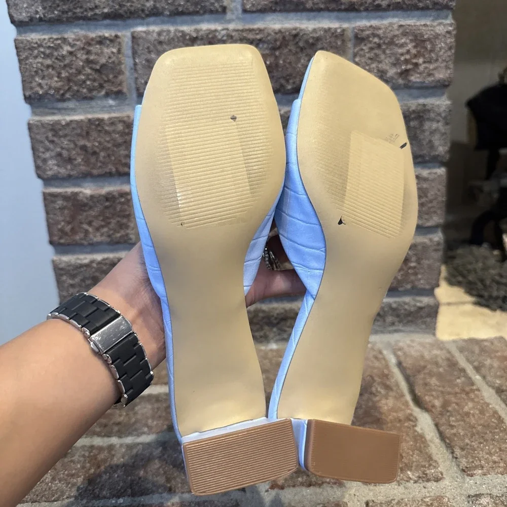 Abound Erica Sandals Light Blue Textured Slide 6M Block Heel Square Toe #527